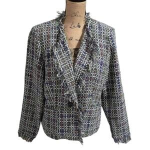 MDL Multicolor Plaid Tweed‎ Fringe Blazer Jacket Size 14
